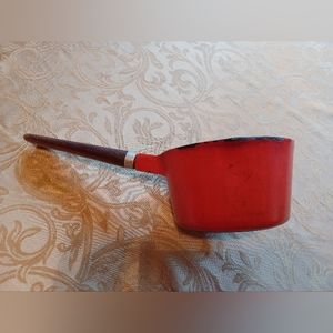 Vintage Colorcast Waterford Ireland 7” Orange Cast Iron Saucepan Teak Handle